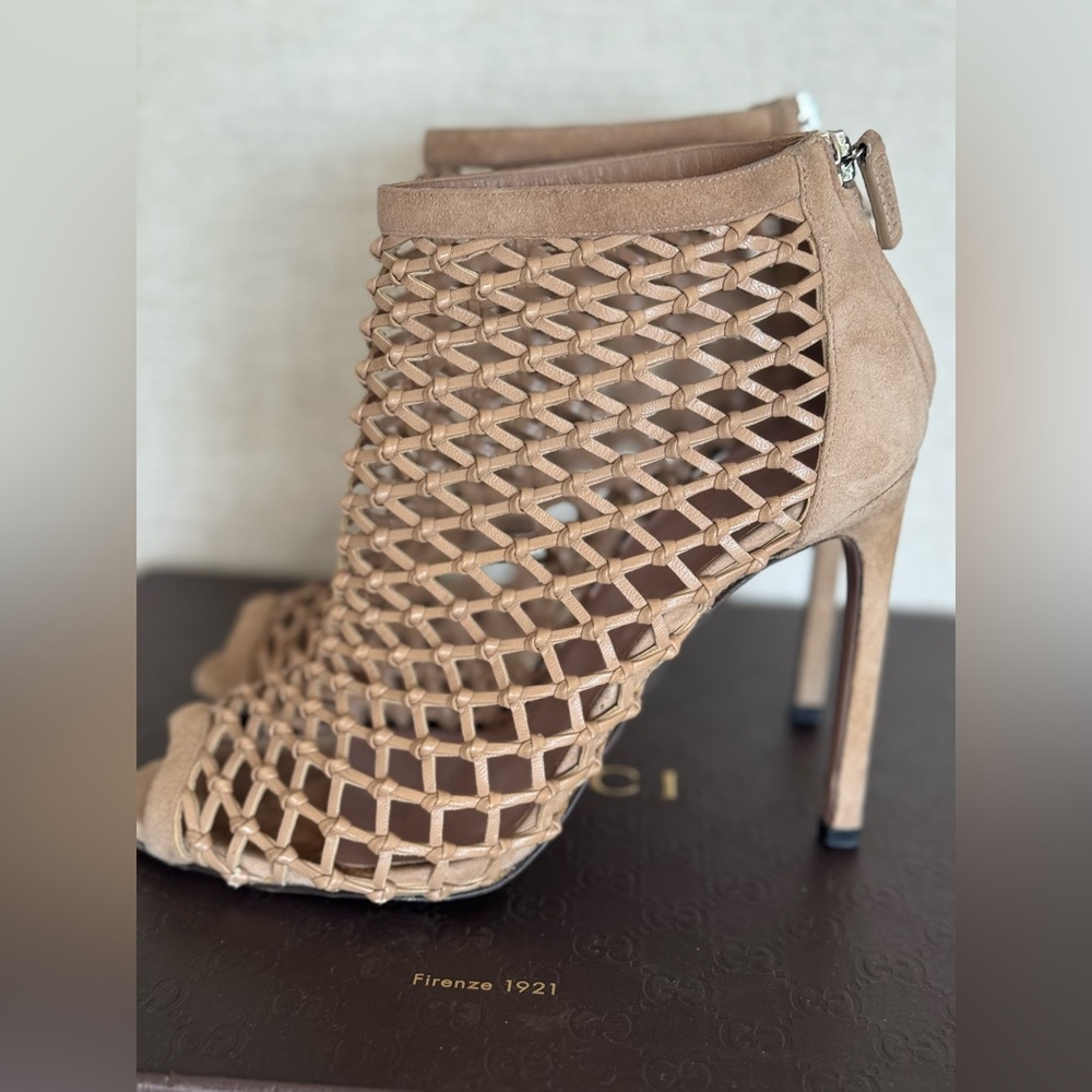 Gucci AUTH Tan Woven Open-Toe High Heel Booties 7 EUC